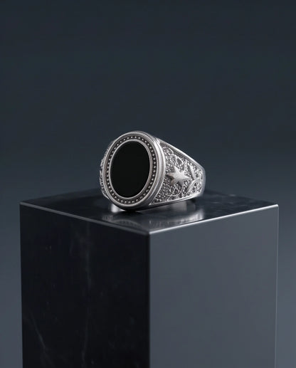Celestial Oval Cabochon Starry-Night Stippled Silver Ring