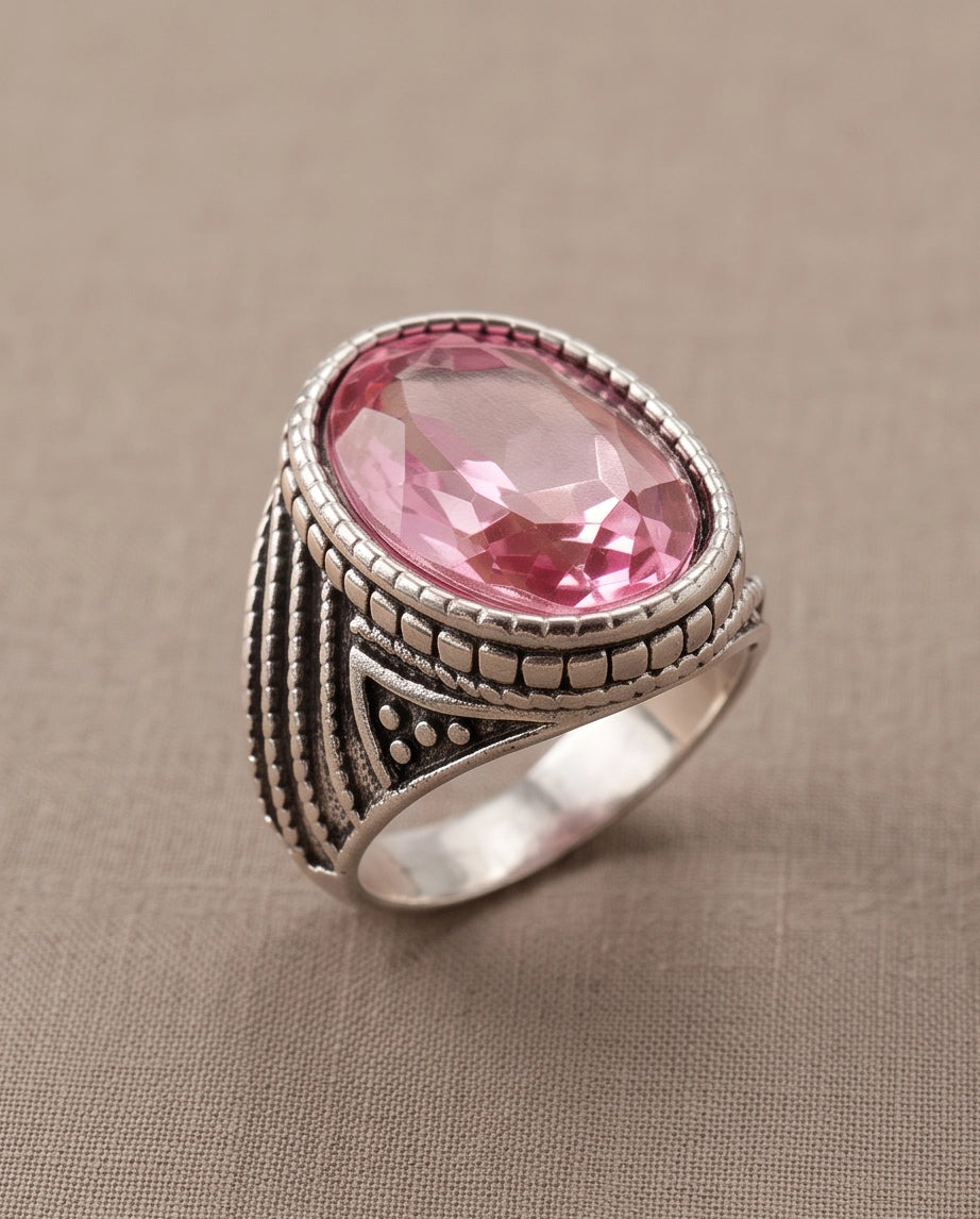 Rose Gemstone Beaded Scale Silver Ring