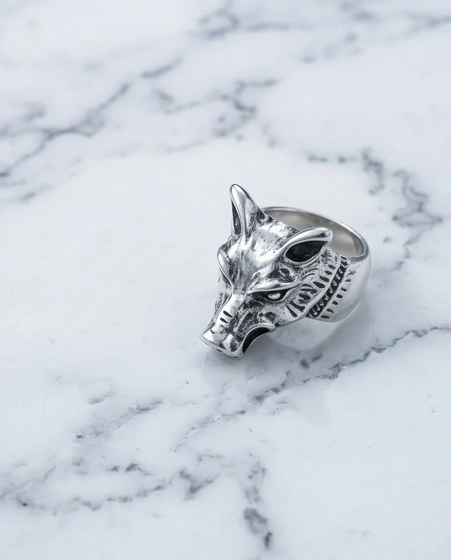Vintage Silver Oxidized Wolf Head Viking Statement Ring
