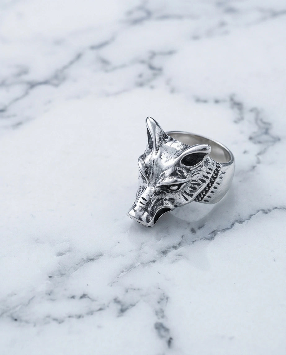 Vintage Silver Oxidized Wolf Head Viking Statement Ring