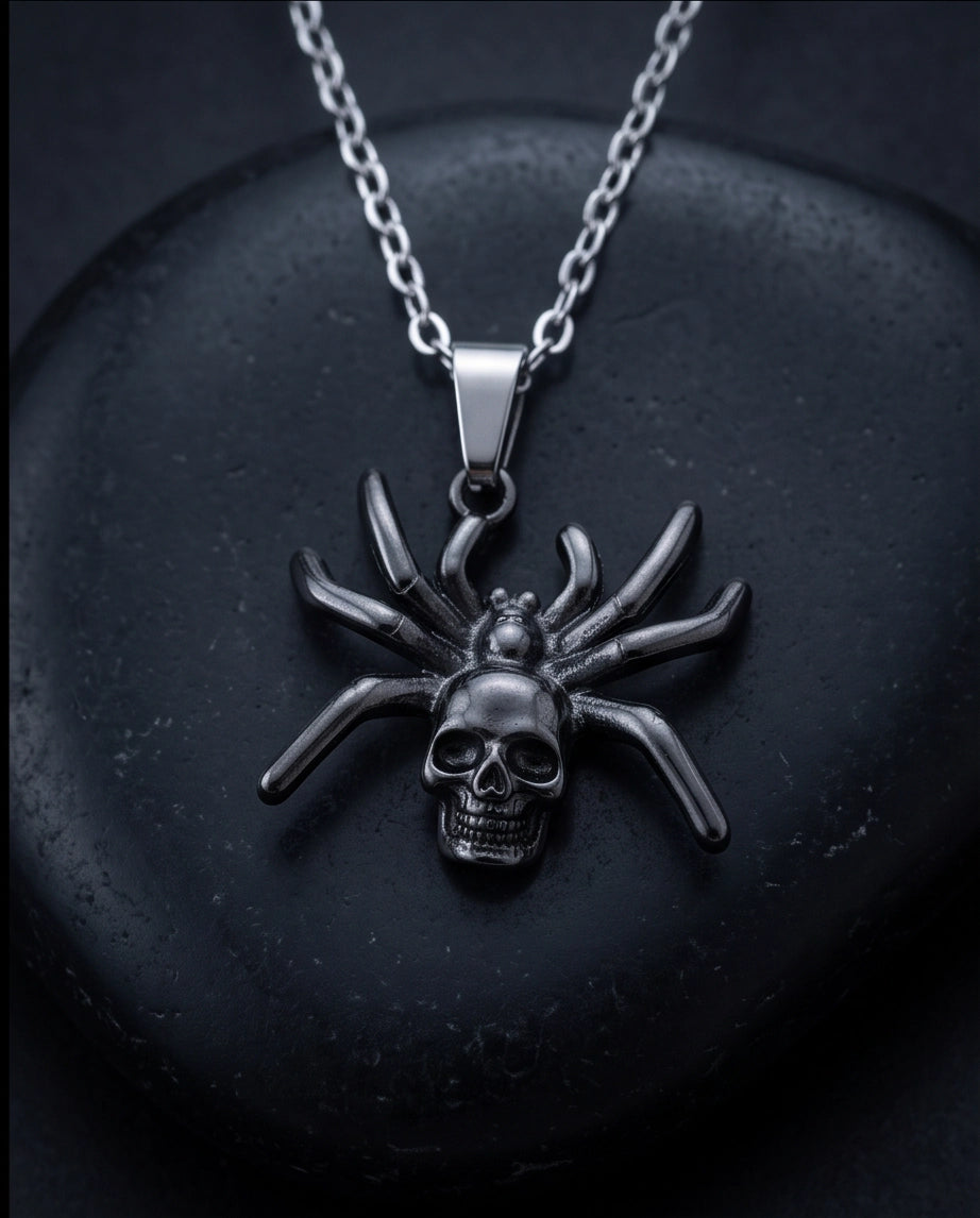 Black Spider Skull Motif Pendant Necklace