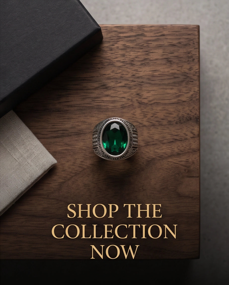 Emerald Gemstone Greek Key Bezel Studded Silver Ring