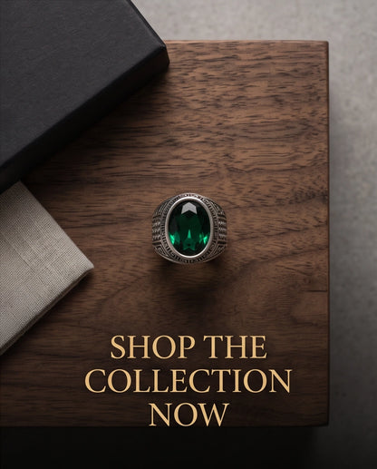Emerald Gemstone Greek Key Bezel Studded Silver Ring