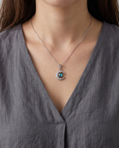 Silver Hammered Crescent Moon Galaxy Stone Pendant Necklace