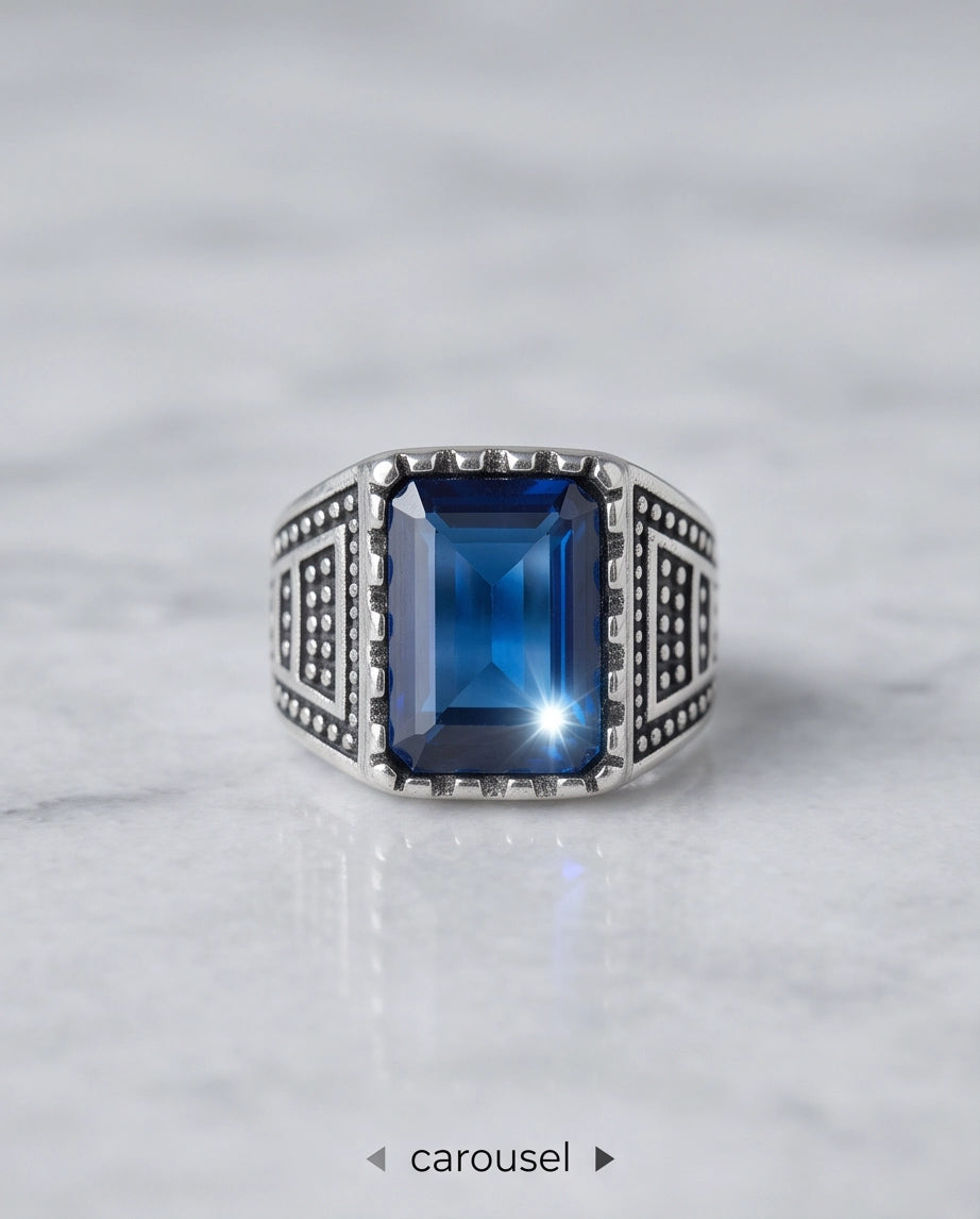 Sapphire Blue Emerald-Cut Gemstone Dot Matrix Architectural Silver Ring