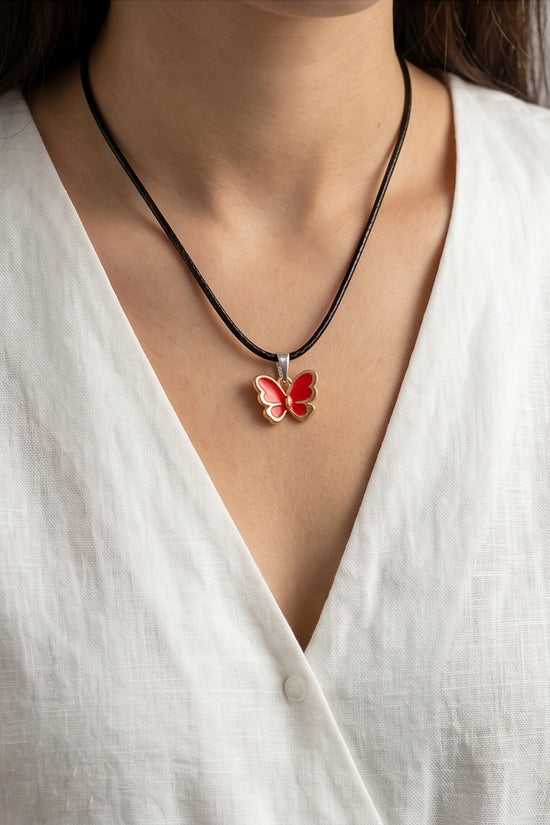 Gold and Red Butterfly Pendant Necklace