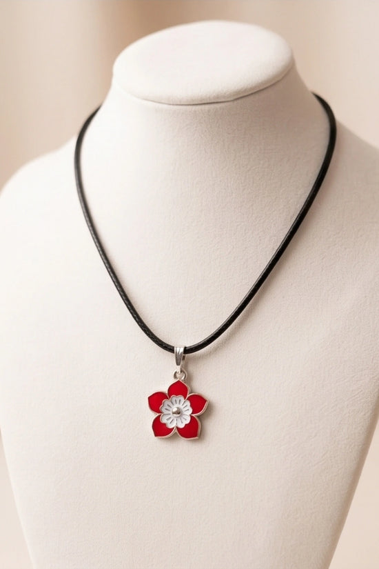 Vibrant Red and White Layered Floral Enamel Pendant Necklace