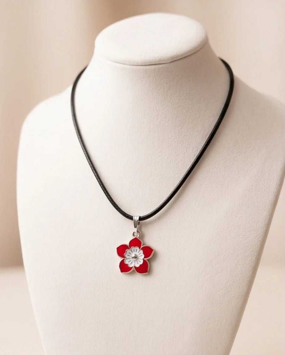 Vibrant Red and White Layered Floral Enamel Pendant Necklace