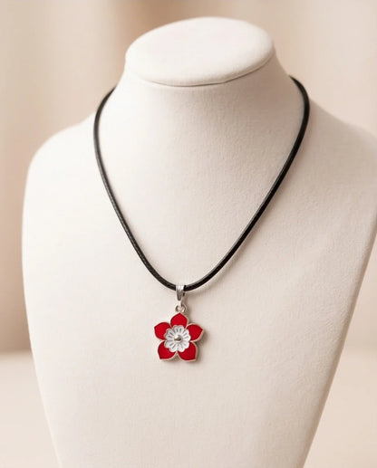 Vibrant Red and White Layered Floral Enamel Pendant Necklace