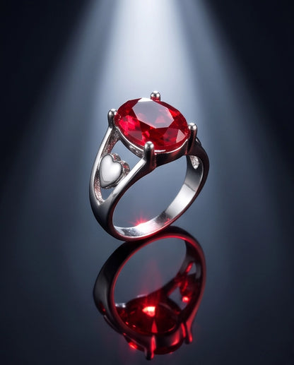 Silver Oval Ruby Heart Detail Solitaire Ring