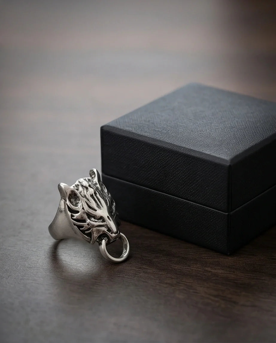 Vintage Silver Oxidized Viking Wolf Door Knocker Ring