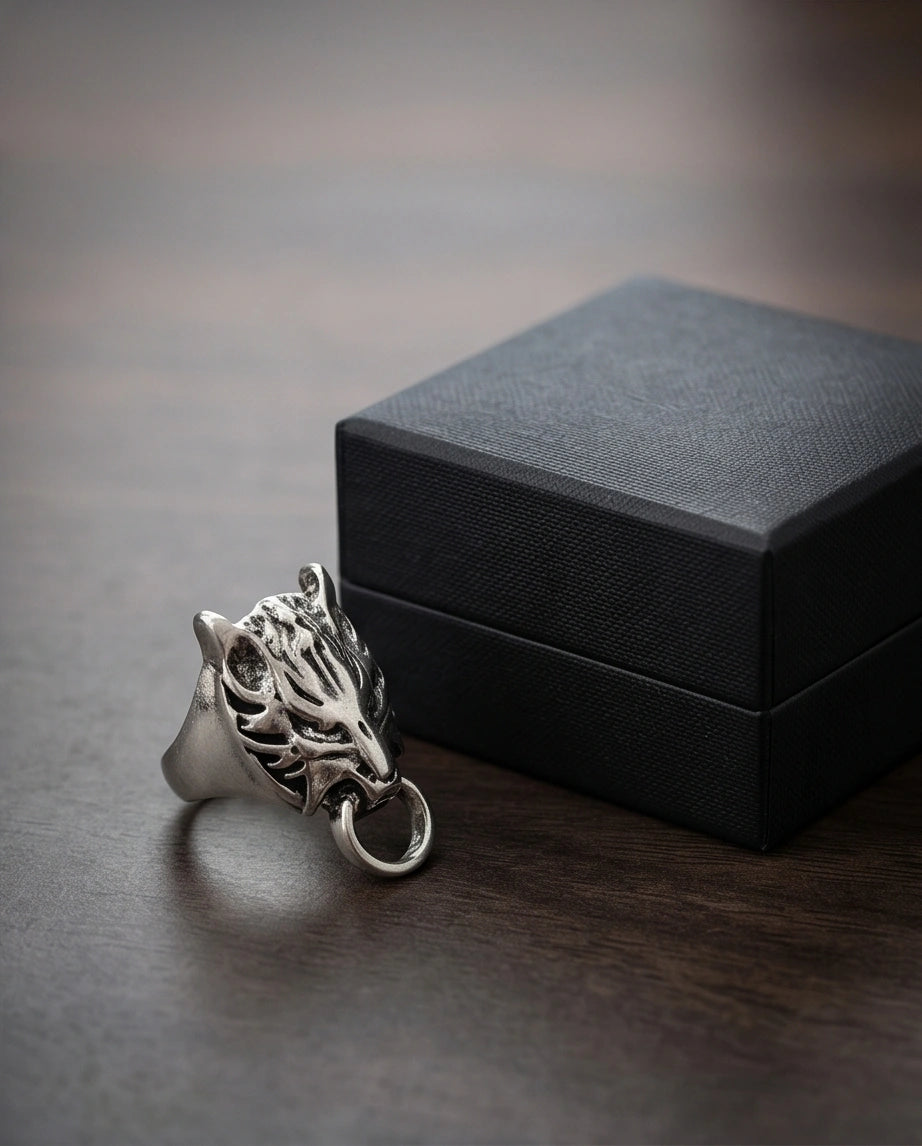 Vintage Silver Oxidized Viking Wolf Door Knocker Ring