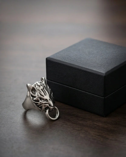 Vintage Silver Oxidized Viking Wolf Door Knocker Ring