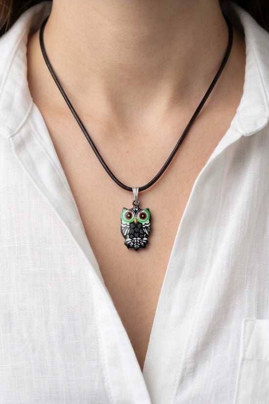 Mystic Green-Eyed Tribal Owl Pendant Necklace