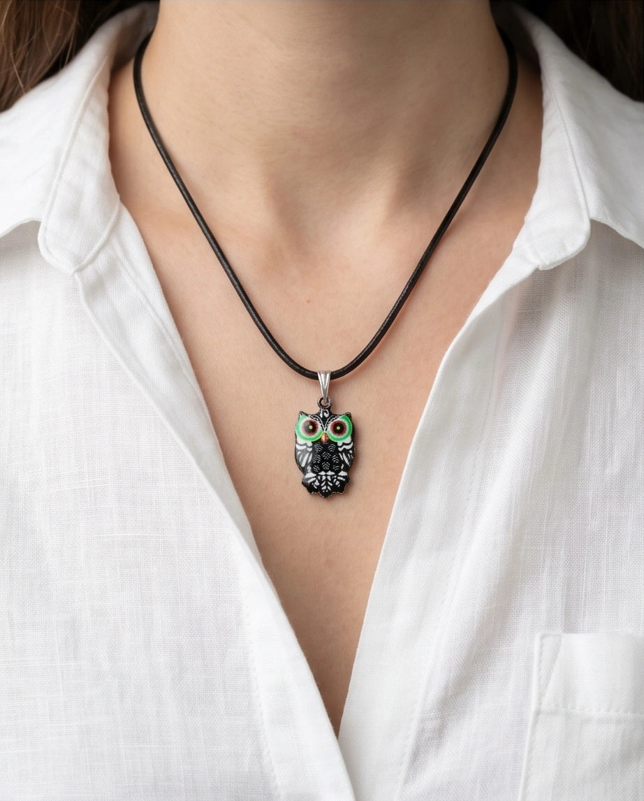 Mystic Green-Eyed Tribal Owl Pendant Necklace