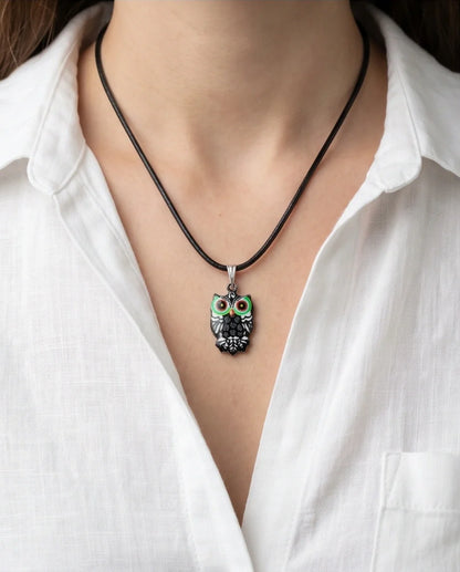 Mystic Green-Eyed Tribal Owl Pendant Necklace