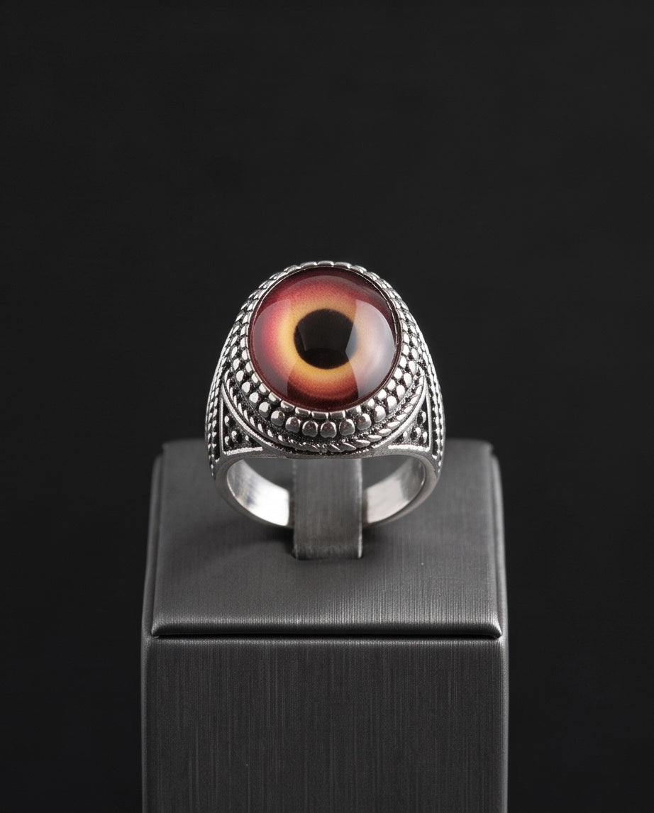 Crimson Evil Eye Beaded Silver Ring