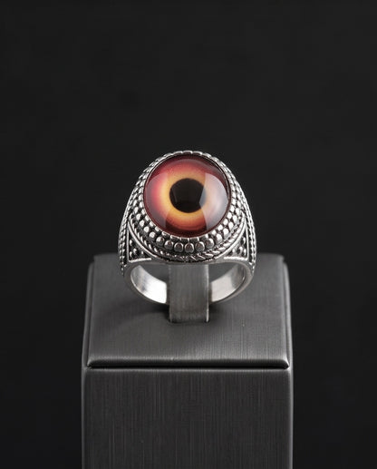 Crimson Evil Eye Beaded Silver Ring