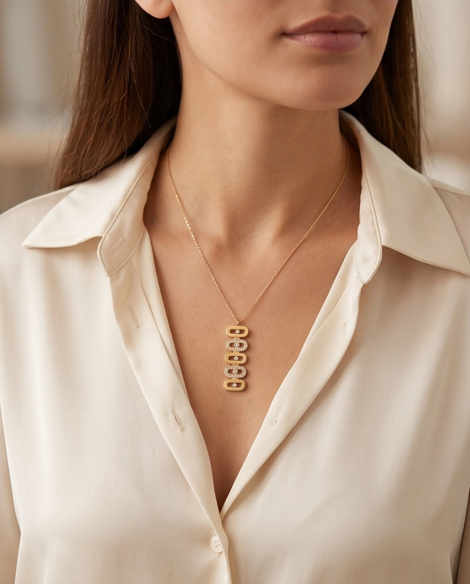 Gold Multi-Link Crystal Pendant Necklace