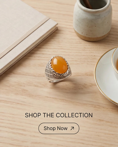 Amber Cabochon Crown Bezel Crosshatch Silver Ring