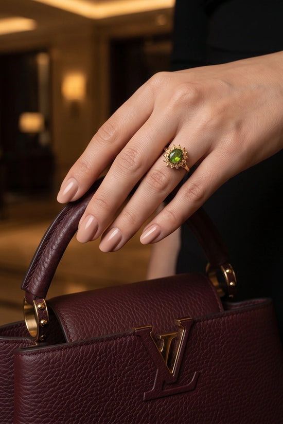 Vintage 14K Gold Oval Peridot Victorian Halo Ring