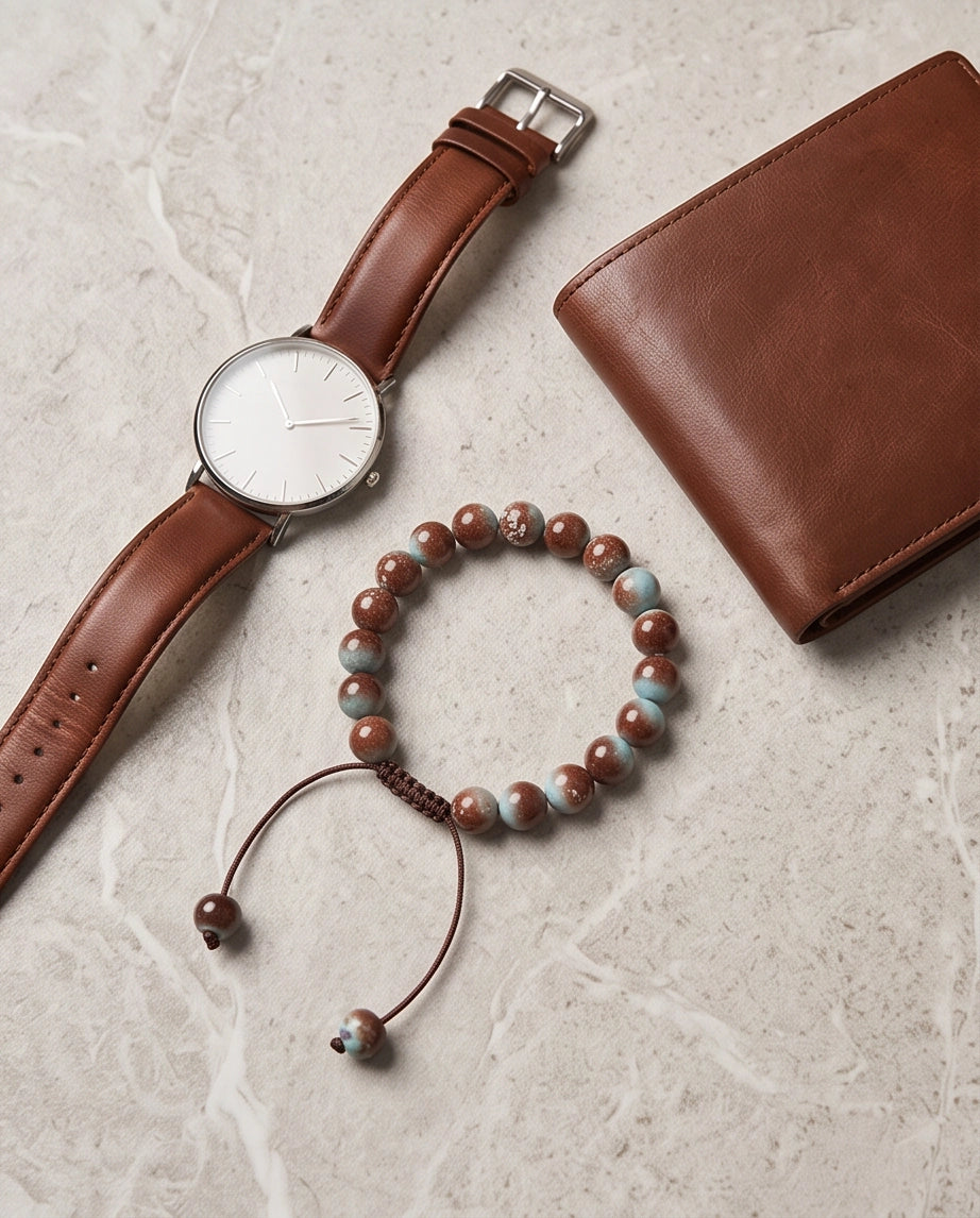 Earthy Rust & Teal Two-Tone Stone Beaded Adjustable Macrame Bracelet