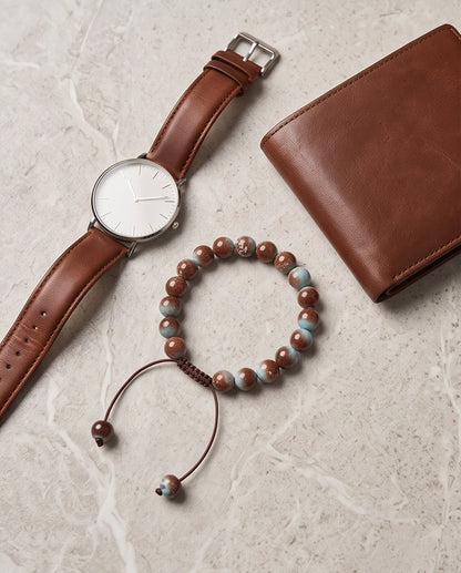 Earthy Rust & Teal Two-Tone Stone Beaded Adjustable Macrame Bracelet