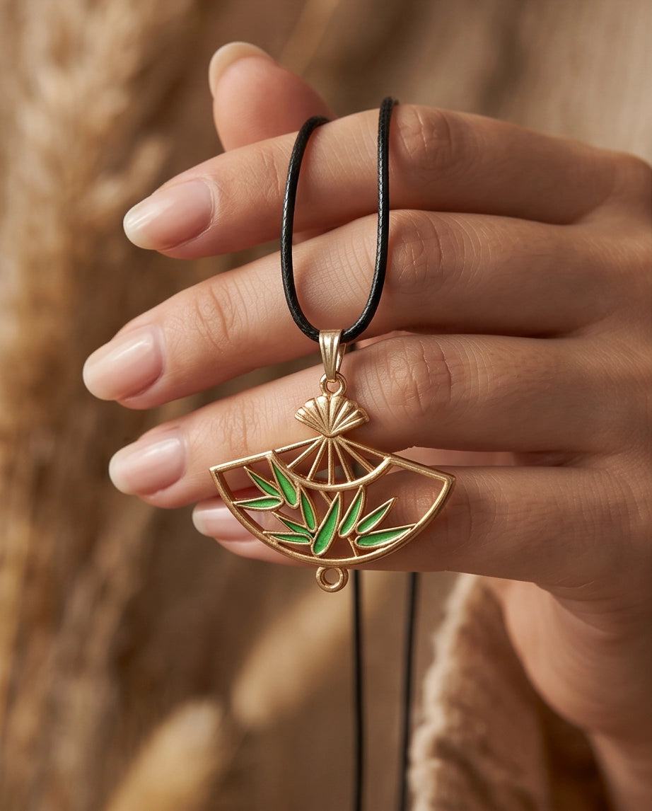 Green Bamboo Fan Pendant Necklace
