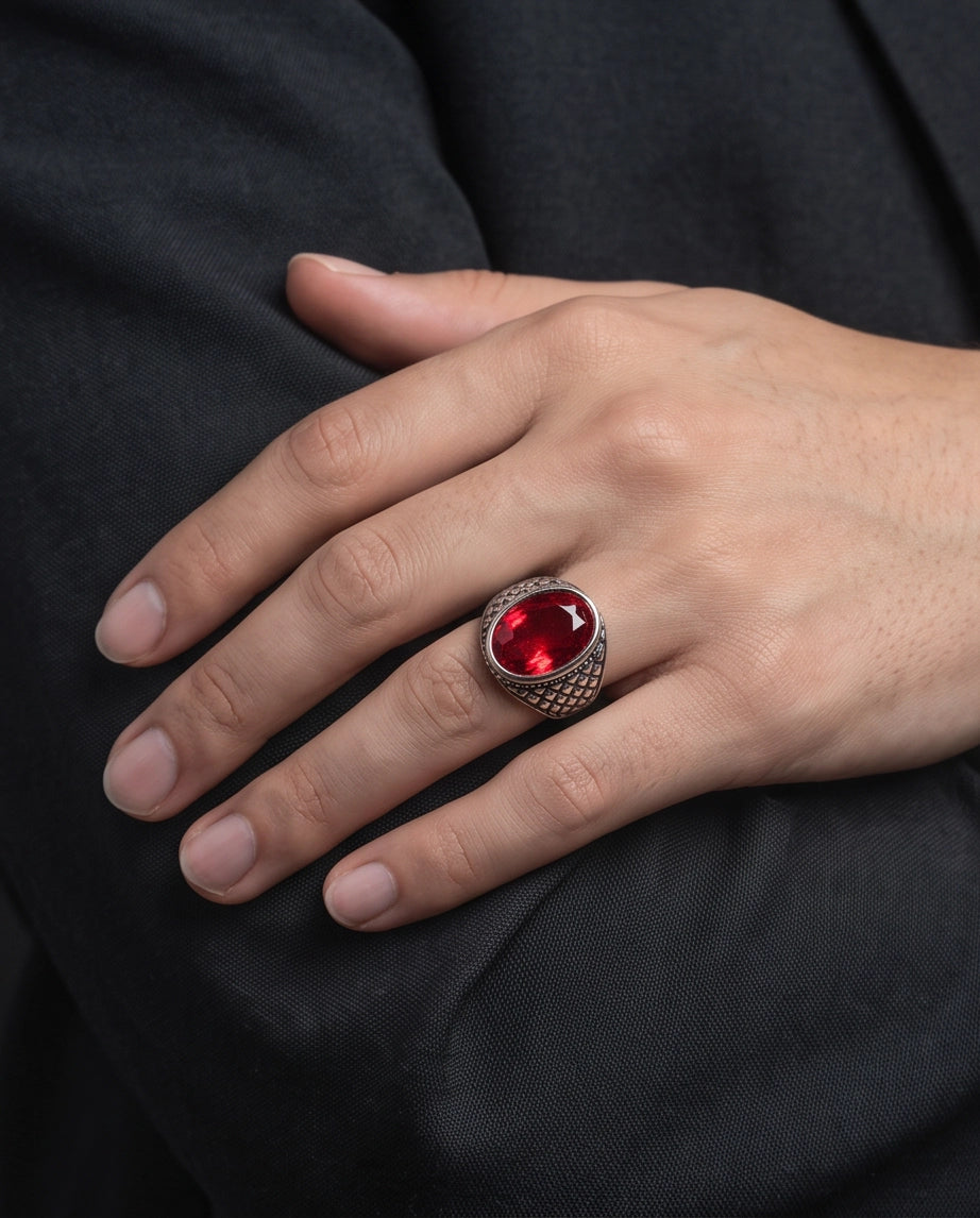 Ruby Gemstone Beaded Surround Dragon-Scale Silver Ring