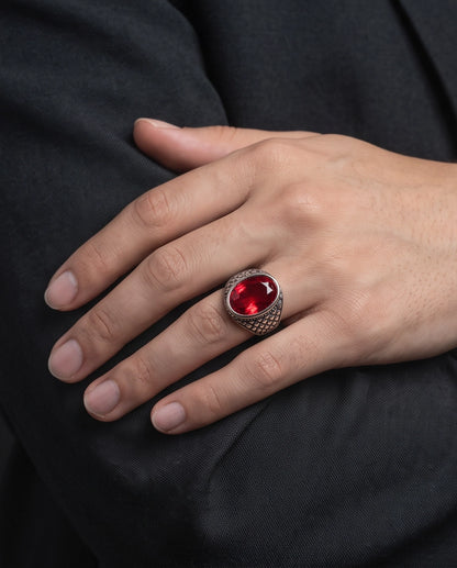 Ruby Gemstone Beaded Surround Dragon-Scale Silver Ring