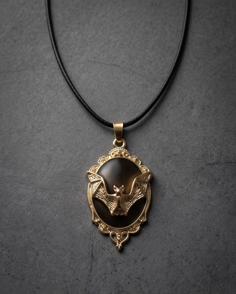Gold Gothic Bat Black Enamel Medallion Chain Necklace