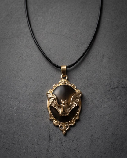 Gold Gothic Bat Black Enamel Medallion Chain Necklace
