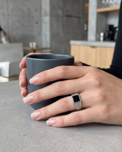 Onyx-Style Square Inlay Brick-Link Band Silver Ring