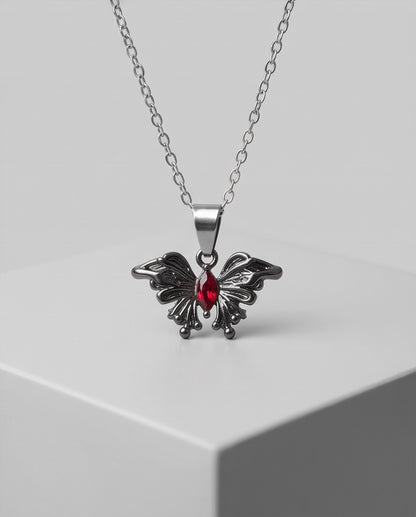 Black Gothic Butterfly Red Gem Pendant Necklace