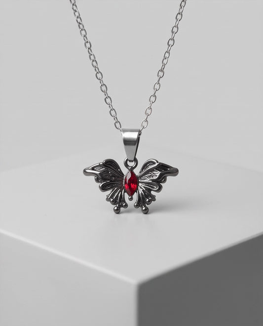Black Gothic Butterfly Red Gem Pendant Necklace