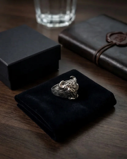 Vintage Oxidized Silver Bull Head Power Statement Ring