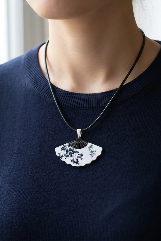 Artistic Monochrome Folding Fan Pendant Necklace