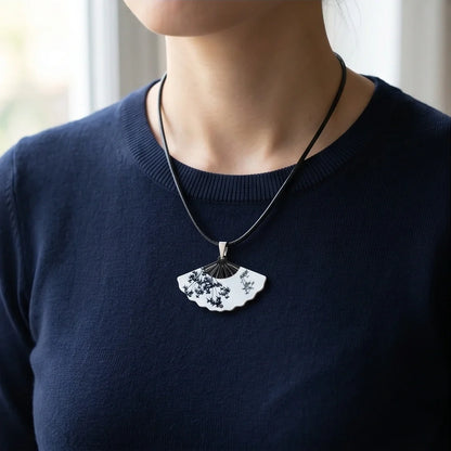 Artistic Monochrome Folding Fan Pendant Necklace