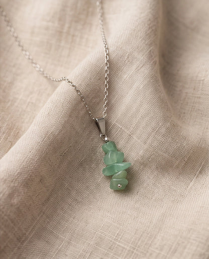 Silver Stacked Raw Green Aventurine Chip Stone Pendant Necklace