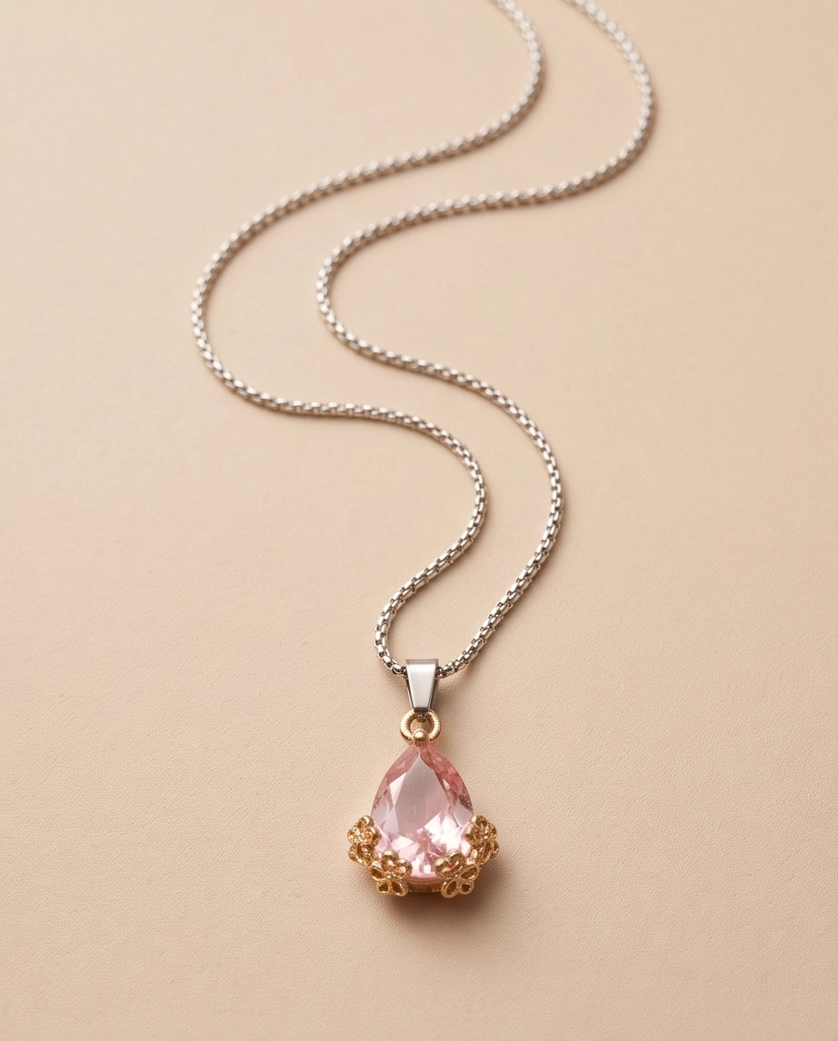 Gold Pink Teardrop Floral Basket Pendant Necklace