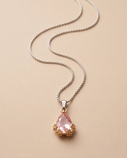 Gold Pink Teardrop Floral Basket Pendant Necklace