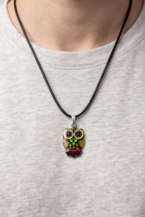 Neon Cyberpunk Owl Totem Pendant Necklace