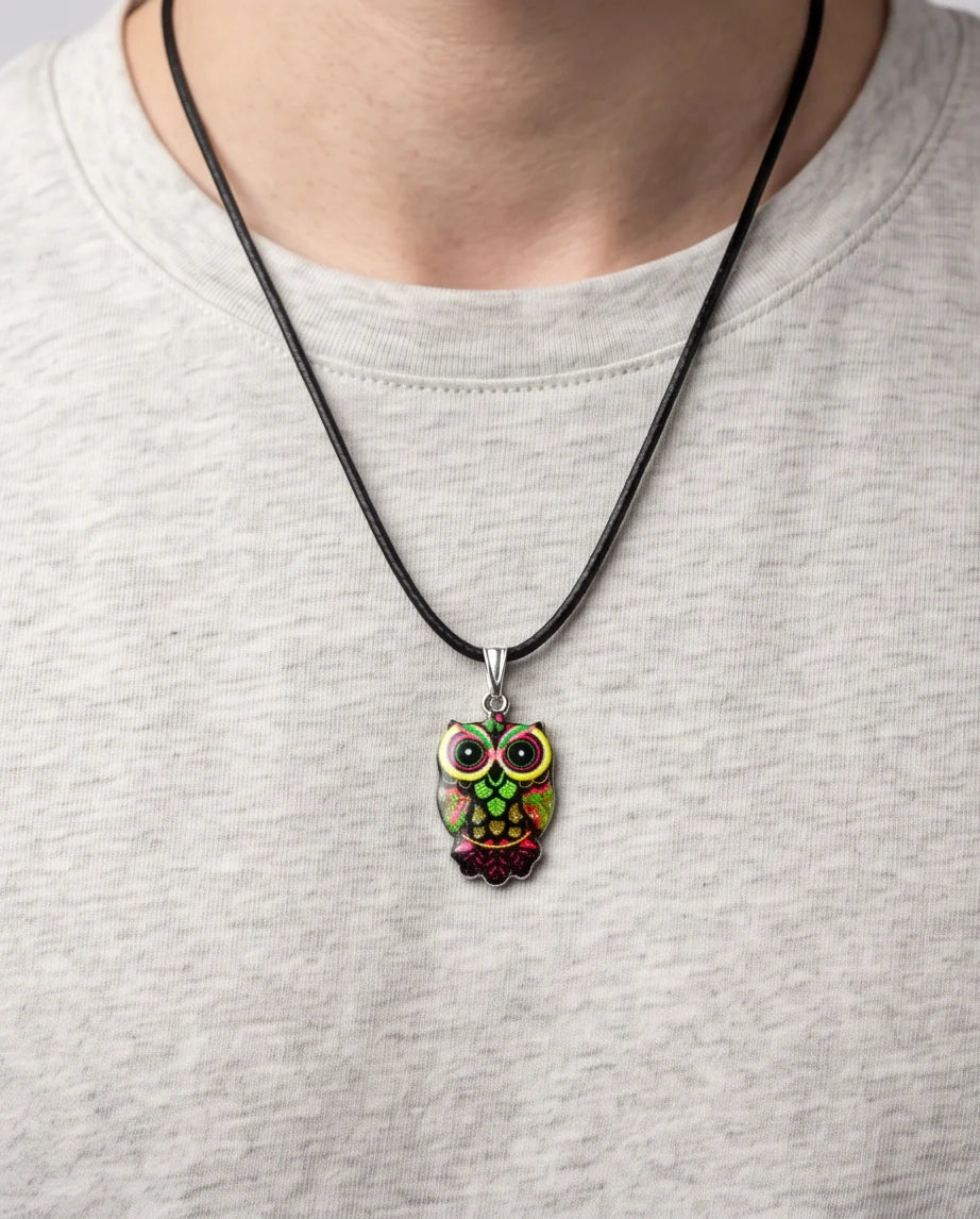 Neon Cyberpunk Owl Totem Pendant Necklace