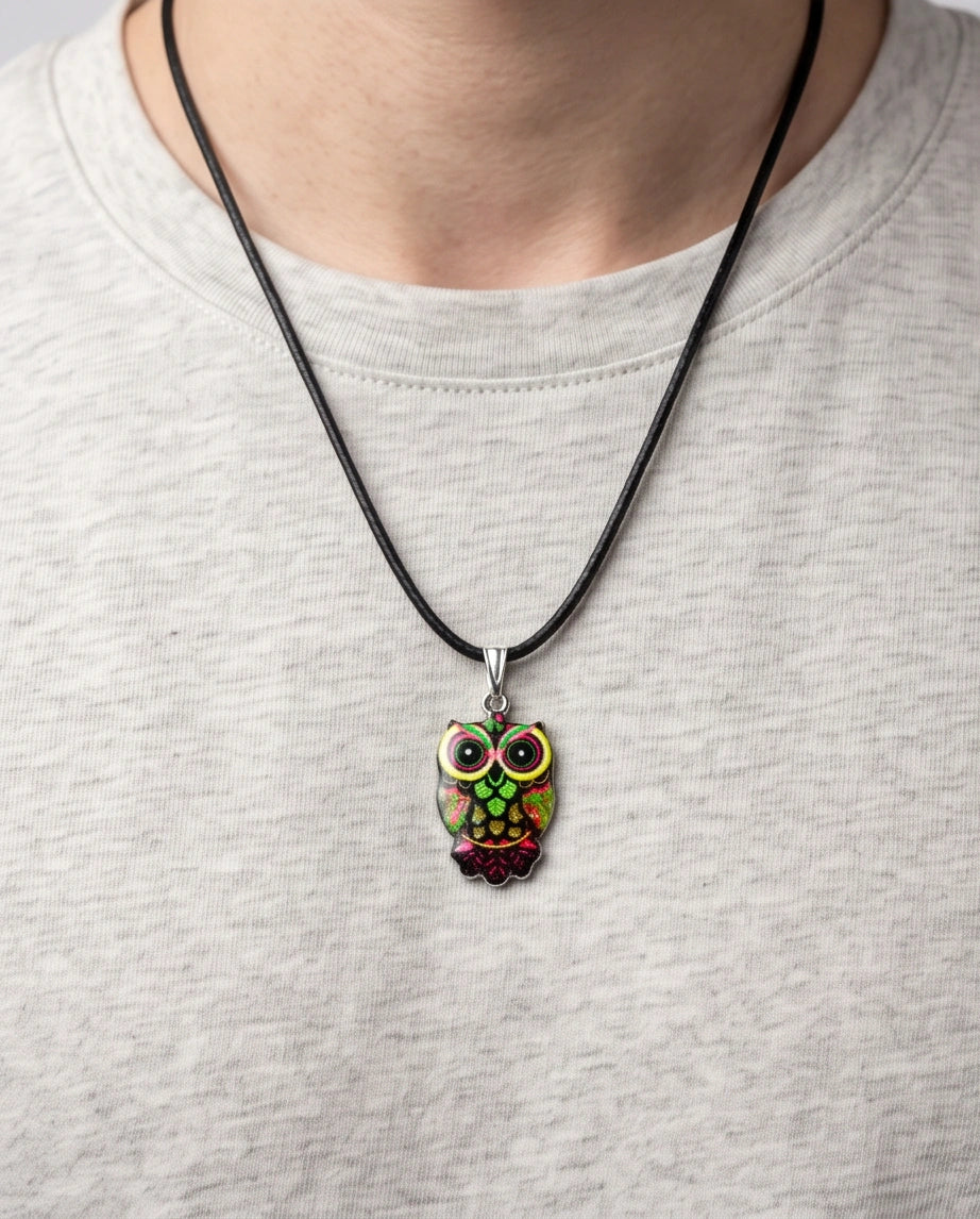 Neon Cyberpunk Owl Totem Pendant Necklace
