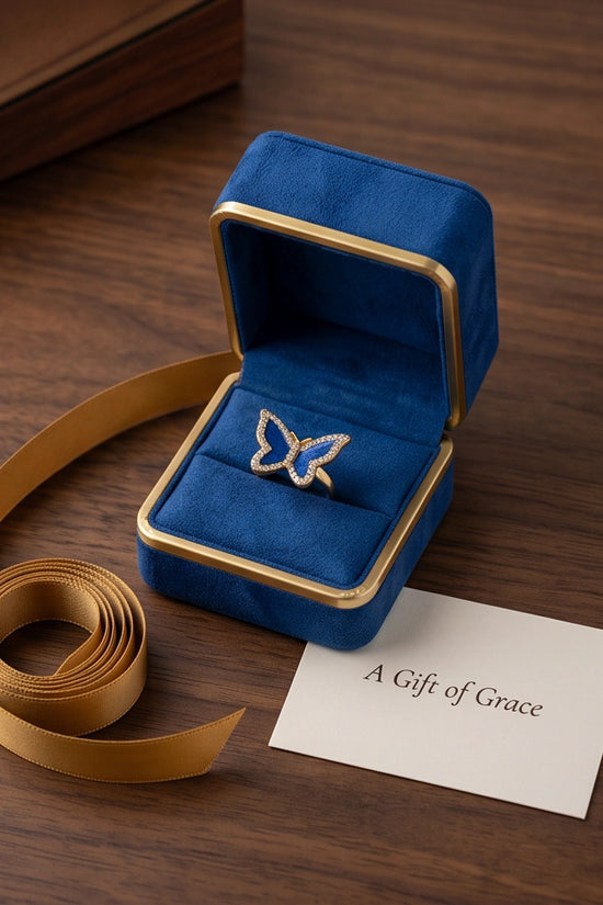 Gold Plated Royal Blue Enamel Butterfly Statement Ring