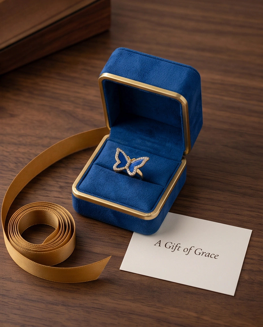 Gold Plated Royal Blue Enamel Butterfly Statement Ring