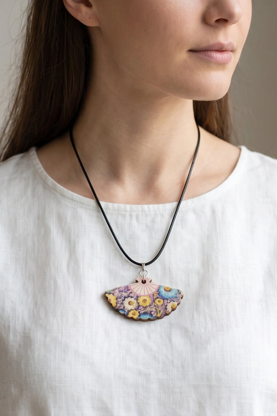 Vintage Blue & Yellow Floral Hand-Fan Pendant Necklace