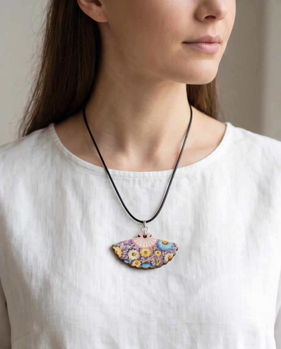 Vintage Blue & Yellow Floral Hand-Fan Pendant Necklace