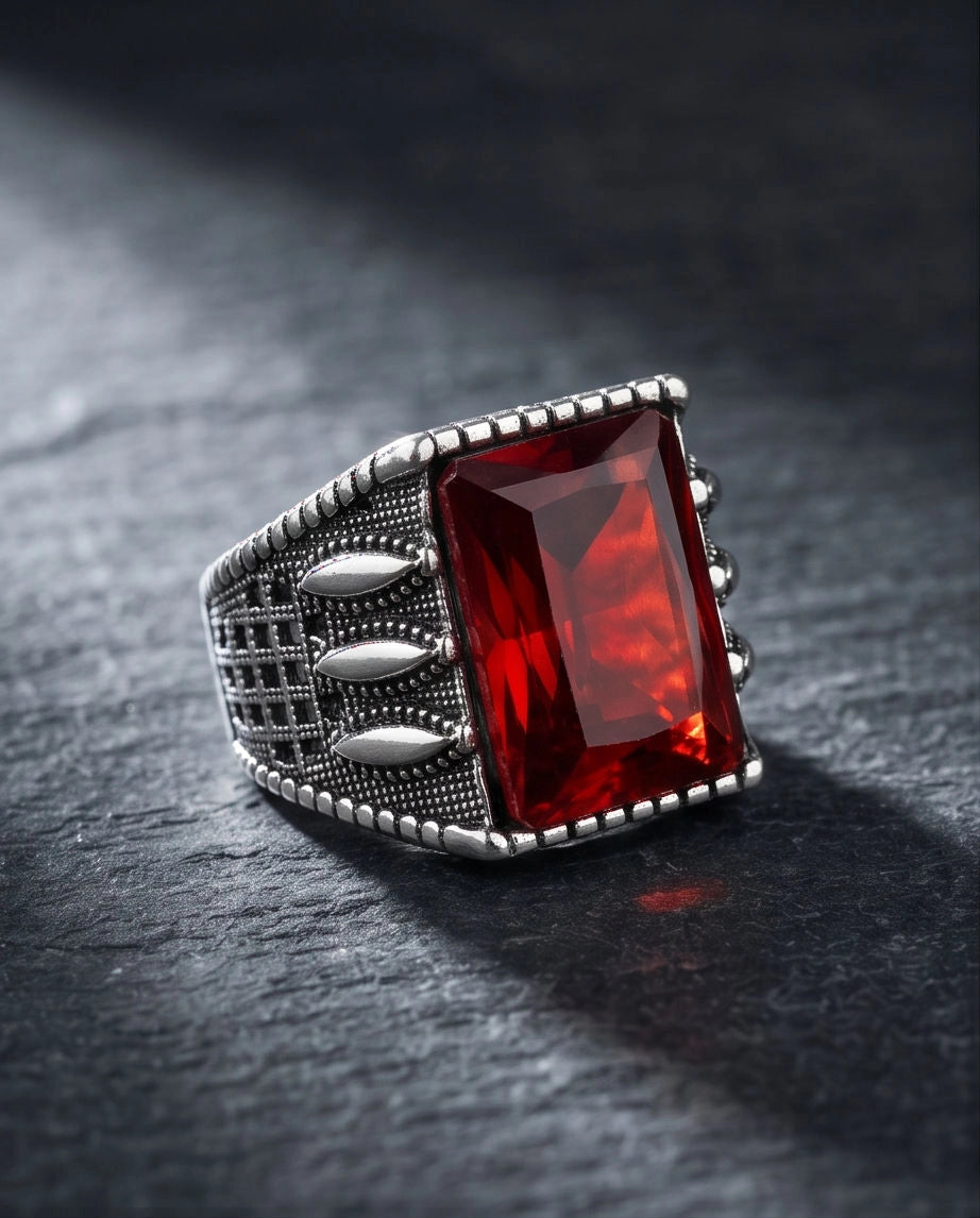 Oxidized Silver Emerald-Cut Garnet Textured Signet Ring