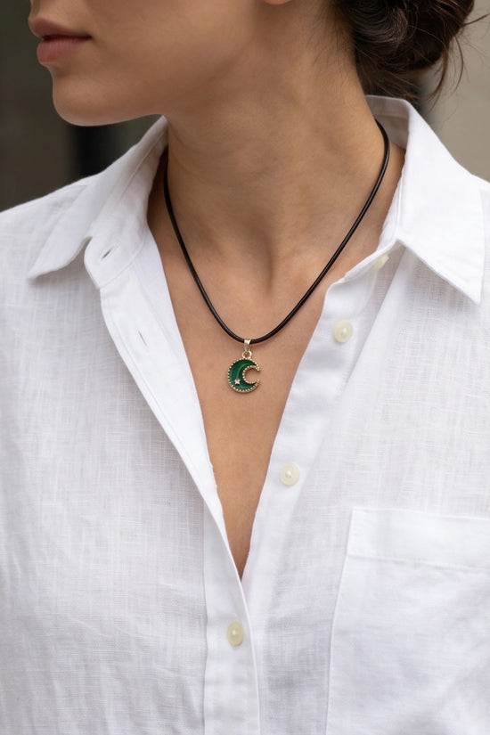Gold and Green Crescent Moon and Star Necklace